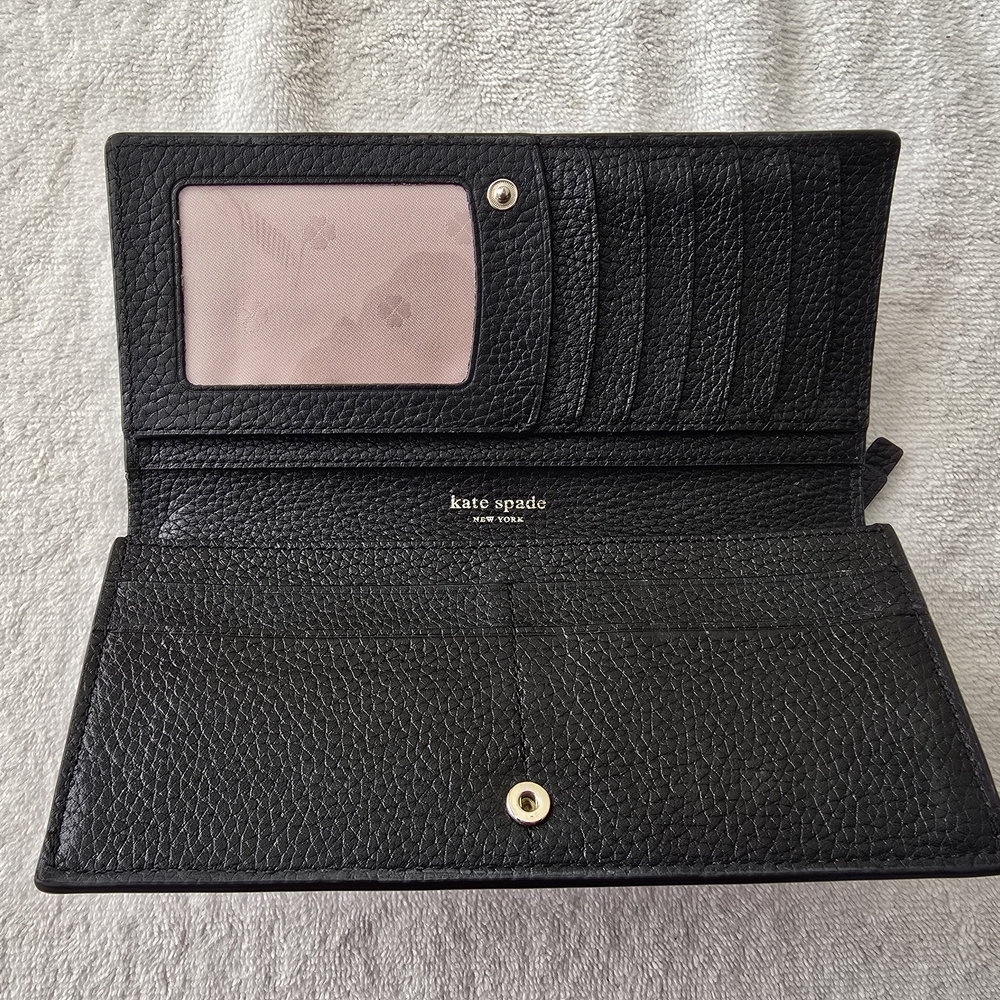 kate spade Black Pebbled Leather Long Wallet with Gold Heart Accent - Picture 6 of 6